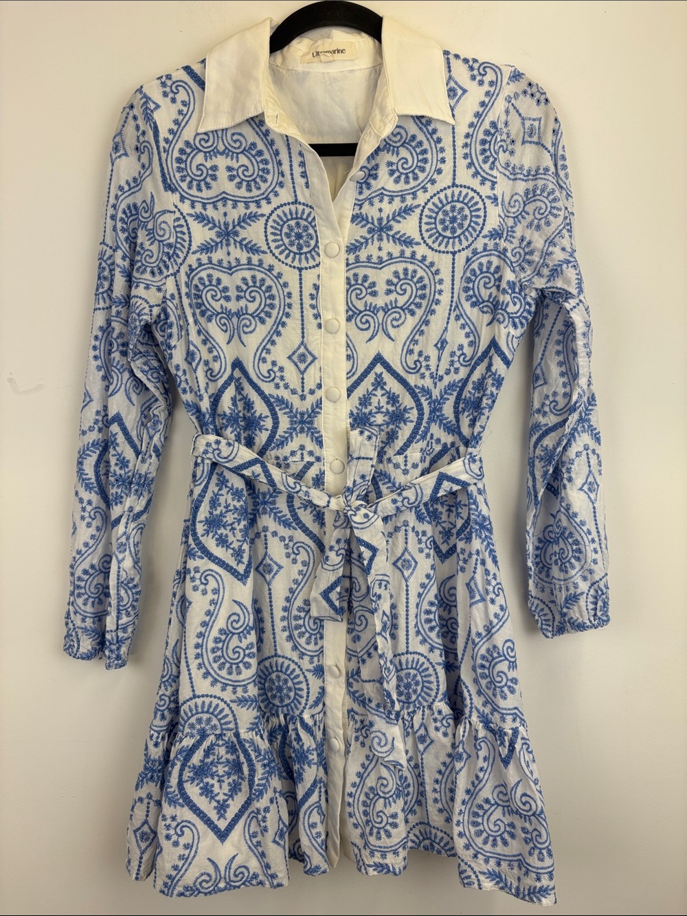 Ultramarine Embroidered Blue White Shirt Dress Belted Mini Dress Coastal Large